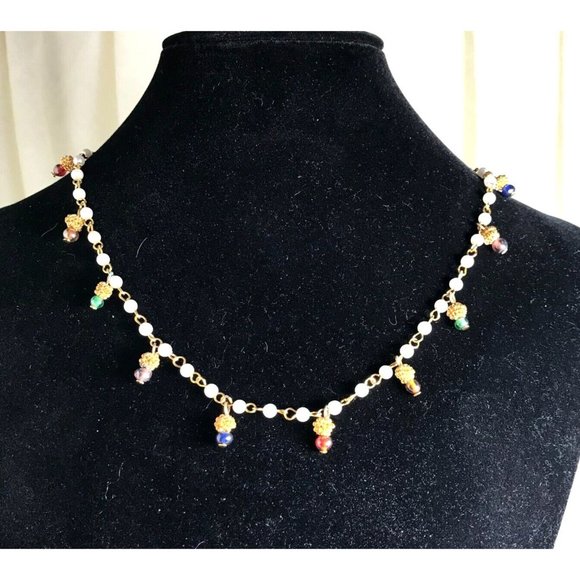 Gold Tone Necklace with Faux Seed Pearls and Multi-Color Beads - 17" Long - Picture 1 of 4